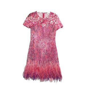 Elie Tahari Lace Ostrich Feather Dress 2 Sheer Sequined Floral Fairy Cocktail 3D
